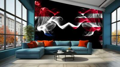 Netherlands vs Liberia smoky mystic flags placed side by side. Thick colored silky abstract smoke flags. Wall mural