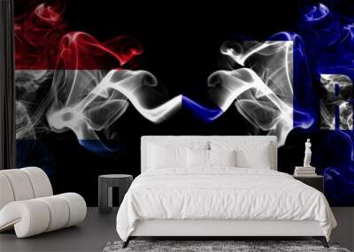 Netherlands vs United States of America, America, US, USA, American, Reno, Nevada smoky mystic flags placed side by side. Thick colored silky abstract smoke flags. Wall mural