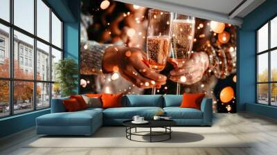 New Year With People. Celebration of Christmas with Champagne, Friends, and Bengal Lights Wall mural