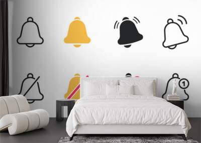 Notification bell icon set. Alarm symbol. Incoming message symbol. Bell for subscribe, alarm and push chat alert. New notification, reminder. Golden bell shakes to alert you to an upcoming schedule Wall mural