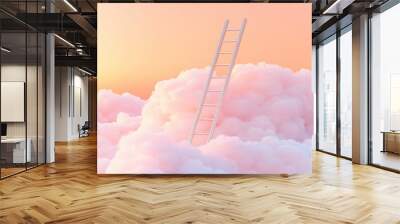 Peach Sky. A Surreal Concept of a Ladder Piercing Through Fluffy Cloud with Heavenly Background - 3D Render Wall mural