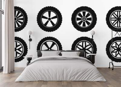 Car wheel icons. Wheel tires. Tires, wheel disks. Car wheel silhouettes. Car wheels Wall mural