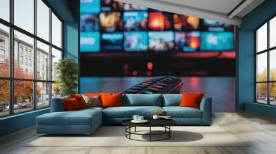 Remote Control and TV Display with Colorful Screens in Background Wall mural