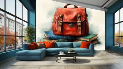 Retro vintage red backpack resting on a stack of colorful books. Educational and travel concept with classic leather bag, old hardcovers, and nostalgic illustration style. Wall mural