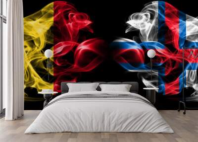 Romania, Romanian, Faroe Islands competition thick colorful smoky flags. European football qualifications games Wall mural