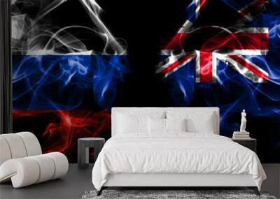 Russia, Russian vs British, Britain, Tristan da Cunha flags. Smoke flag placed side by side isolated on black background Wall mural