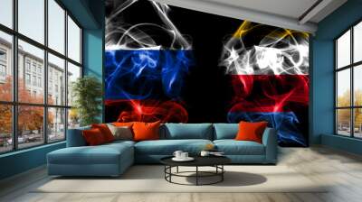 Russia, Russian vs Comoros, Comorian flags. Smoke flag placed side by side isolated on black background Wall mural