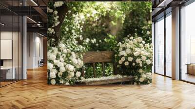 Rustic Wooden Bench in Lush Garden with White Flowers Wall mural