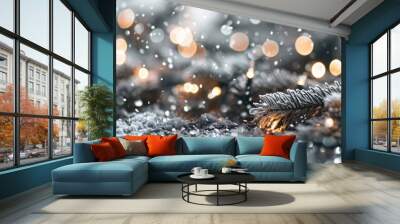 Silver Neon Christmas: Festive Snowfall and Tradition Wall mural