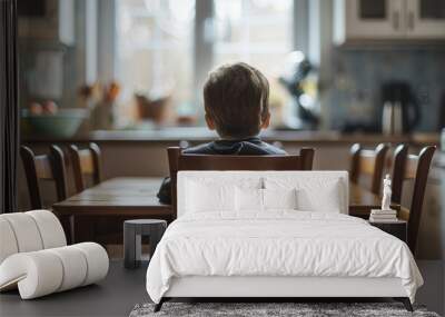 Social Problems: Lonely Child at Empty Dining Table in Kitchen. Back View Wall mural