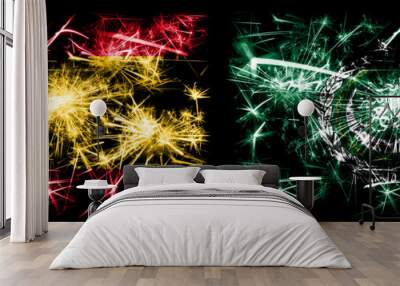 Spanish vs Arab League New Year celebration sparkling fireworks flags concept background. Combination of two abstract states flags. Wall mural