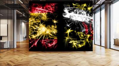 Spanish vs Brunei, Bruneian New Year celebration sparkling fireworks flags concept background. Combination of two abstract states flags. Wall mural