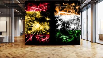 Spanish vs India, Indian New Year celebration sparkling fireworks flags concept background. Combination of two abstract states flags. Wall mural