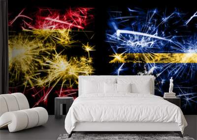 Spanish vs Nauru New Year celebration sparkling fireworks flags concept background. Combination of two abstract states flags. Wall mural