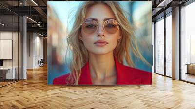 Stylish woman in red blazer with sunglasses standing outdoors, confident and independent attitude, city buildings in background, urban lifestyle, fashion-forward, street style, bold expression Wall mural