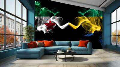 Syrian Arab Republic vs Gabon, Gabonese smoke flags placed side by side. Thick colored silky smoke flags of Syria opposition and Gabon, Gabonese Wall mural