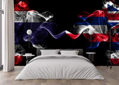 Thailand, Thai vs United States of America, America, US, USA, American, Hawaii, Hawaiian smoky mystic flags placed side by side. Thick colored silky abstract smokes flags. Wall mural