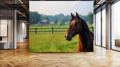 Thoroughbred Horse: Majestic Equine Beauty on Green Farm Field. Equine Industry Showcase Wall mural