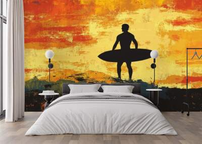 Thrill of Surf Adventure: Silhouette of Man with Surfboard at Sunset on Beach Wall mural