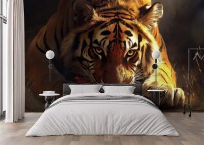 Tiger Eating. The Dangerous Beast in its Natural Habitat Consuming Fresh Meat Wall mural