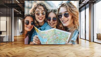 Tourism Fun: Young Friends Enjoying a City Trip with a Map in Hand Wall mural