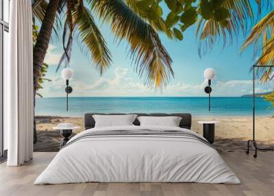 Tropic Paradise: Beautiful Tropical Beach with Palm Trees and Calm Blue Waters Wall mural