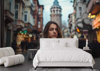 Turkish People: Portrait of a Woman Watching Istanbul's Famous Galata Tower Wall mural