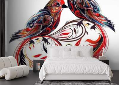 Two Birds - Abstract Illustration of Beautiful Feathered Ornaments in Red Wall mural