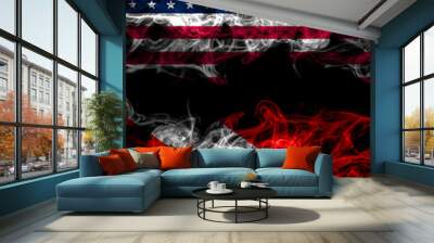 United States of America, America, US, USA, American vs Brazil, Brazilian, Para smoky mystic flags placed side by side. Thick colored silky abstract smoke flags Wall mural