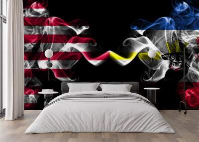 United States of America, America, US, USA, American vs Germany, Mecklenburg Western Pomerania, state smoky mystic flags placed side by side. Thick colored silky abstract smoke flags. Wall mural