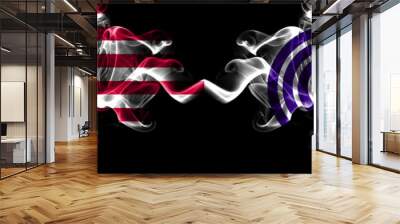 United States of America, America, US, USA, American vs Japan, Japanese, Kawasaki, Kanagawa smoky mystic flags placed side by side. Thick colored silky abstract smoke flags. Wall mural