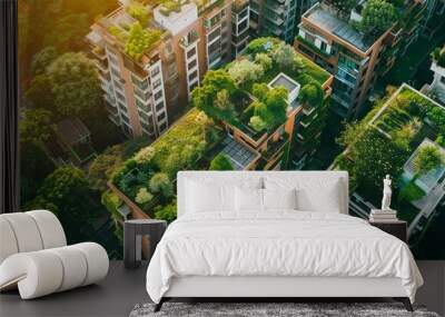 Urban green rooftops with lush plant life at sunset Wall mural