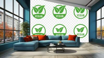 Vegan vector sign set. Round green illustrations with leaves for stickers, logos and labels. Icons vegetarian food. Vegan, no meat, lactose free, healthy, nonviolent food. Organic, bio, eco symbols. Wall mural