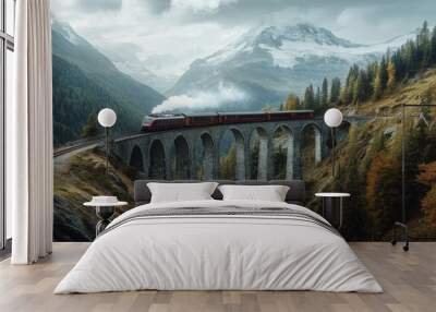 Viaduct in Switzerland: Landwasser Viaduct with Glacier Express Train in Alpine Landscape Wall mural