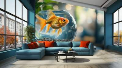 Vibrant orange goldfish swimming in a glass bowl on table, peaceful aquatic scene with plants, indoor fish tank decor, serene home atmosphere, goldfish pet care. Wall mural