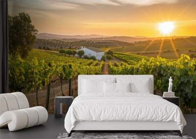 Vineyard in Alentejo at Sunset: Country Landscape with Vines in August Wall mural