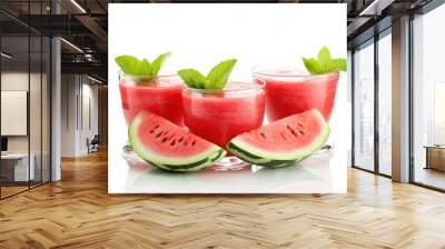 Watermelon Smoothie. Refreshing Summer Drink with Mint Leaf on White Background Wall mural