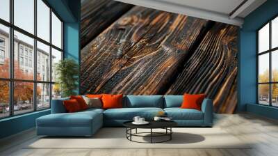 Wooden Background. Closeup Striped Table Design for Textured Brown Board Wall mural