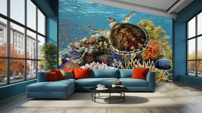 Green turtle swimming in blue ocean Wall mural