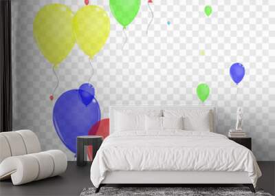 Yellow Confetti Background Transparent Vector. Air Present Template. Green Symbol. Purple Ballon. Helium Jubilee Card. Wall mural