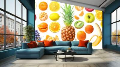 Fresh fruit collection, isolated on white background: orange, pineapple, grape, lemon, apple, kiwi, mandarin,cherry Wall mural