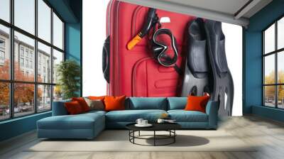 red travel bag isolated on white and diving equipment Wall mural