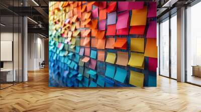 A vibrant wall covered with colorful sticky notes, representing creativity and brainstorming in a modern office environment. Wall mural