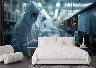 Focused lab technician in protective gear working diligently in a high-tech cleanroom, essential for research and manufacturing in pharmaceuticals or electronics. Wall mural