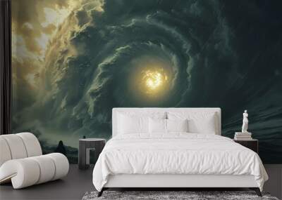 Two figures stand at the shore, gazing at a surreal, swirling vortex of clouds and light above a tumultuous sea, evoking a sense of wonder and intrigue. Wall mural