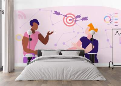 Active discussion of work process by colleagues, flat vector illustration Wall mural