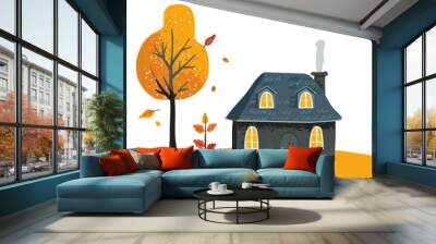 Cartoon magical Village House with a tiled roof. Folk yellow tree and red bush. Cute card and poster For children, print and textiles Wall mural