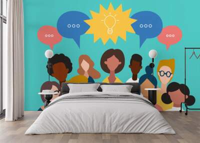 flat icons of men and women talking, chatting. vector illustration of minimalistic people with speec Wall mural