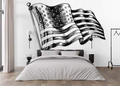 National American flag, vector illustration drawn in engraved style. Used for greeting card, festive poster. Wall mural