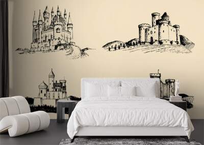 Vector old castles illustrations set. Hand drawn architectural landscapes of ancient towers with rural fields and hills. Wall mural